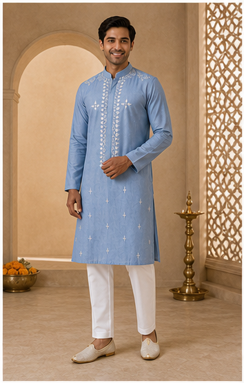 Blue-Grey Mirror Work Kurta Set - Preorder - image 1