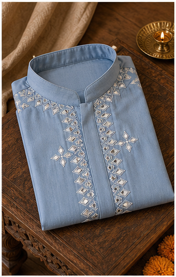 Blue-Grey Mirror Work Kurta Set - Preorder - image 2