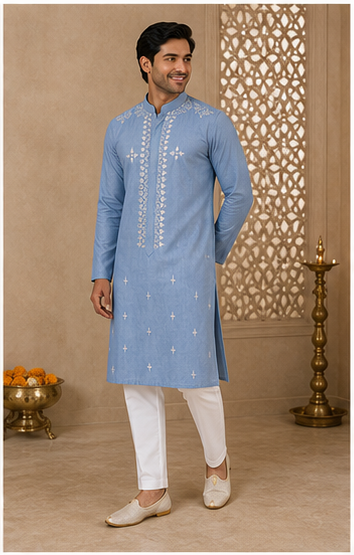 Blue-Grey Mirror Work Kurta Set - Preorder - image 3