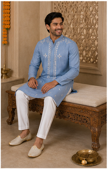 Blue-Grey Mirror Work Kurta Set - Preorder - image 4