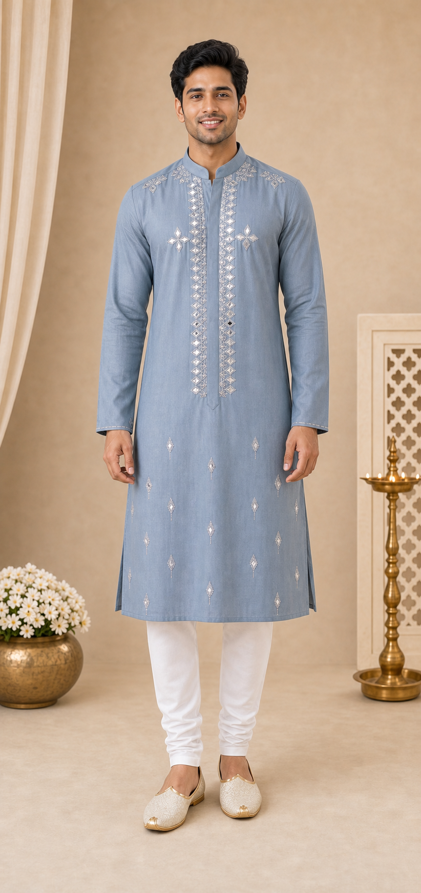 Blue-Grey Mirror Work Kurta Set - Preorder