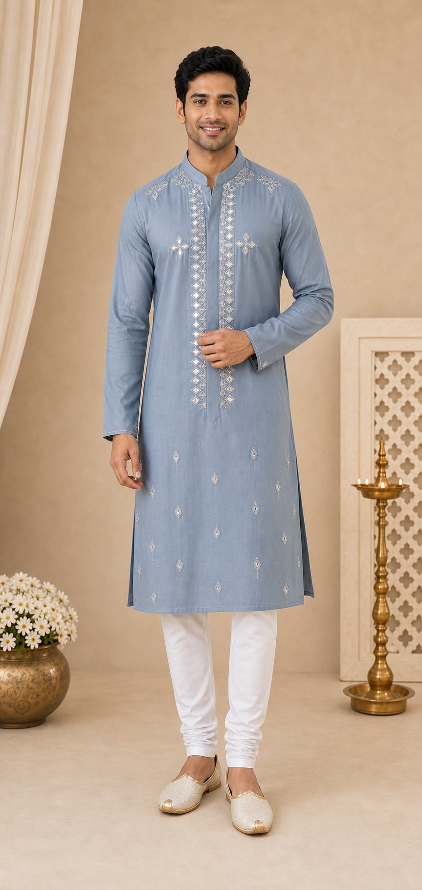 Blue-Grey Mirror Work Kurta Set - Preorder