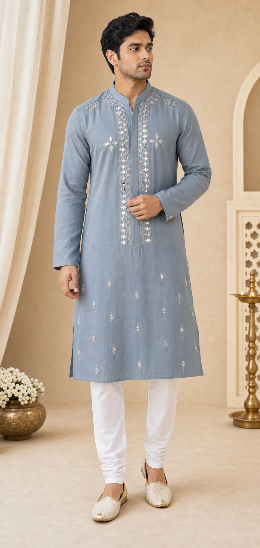 Blue-Grey Mirror Work Kurta Set - Preorder