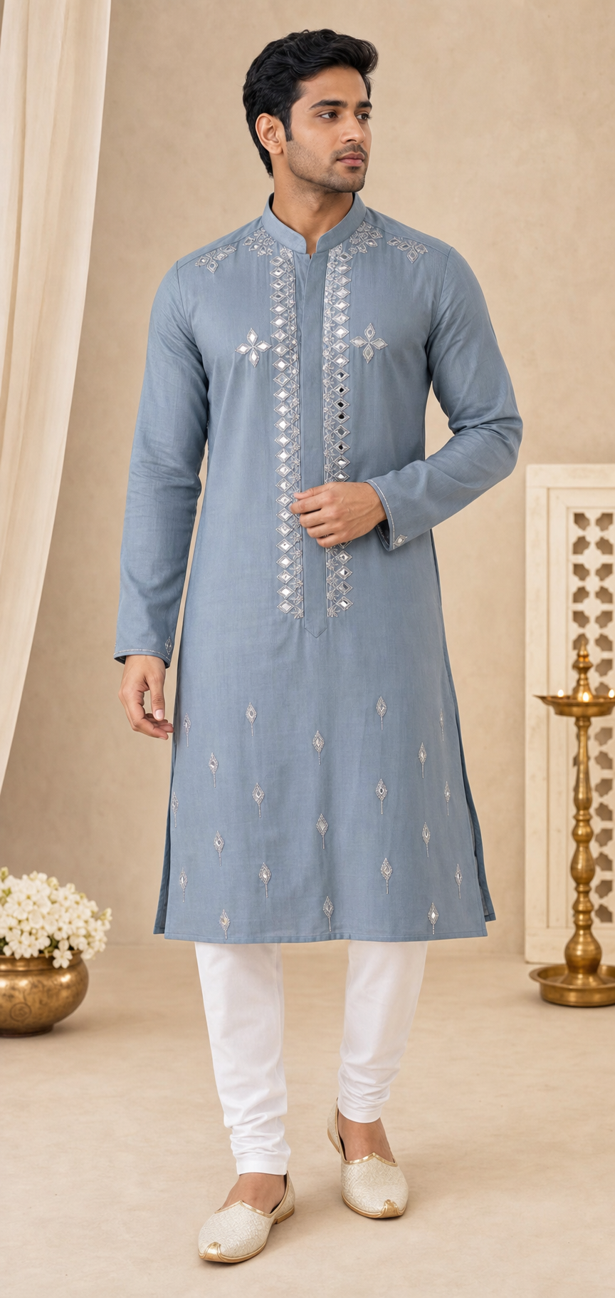 Blue-Grey Mirror Work Kurta Set - Preorder