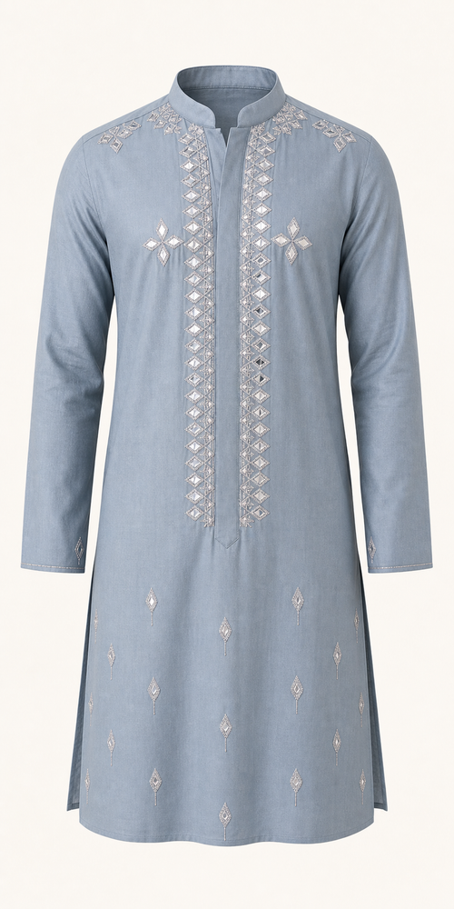 Blue-Grey Mirror Work Kurta Set - Preorder