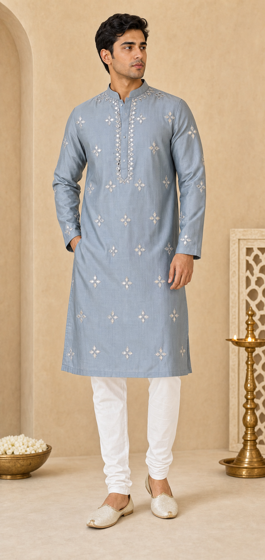 Blue-Grey Mirror Work Kurta Set - Preorder