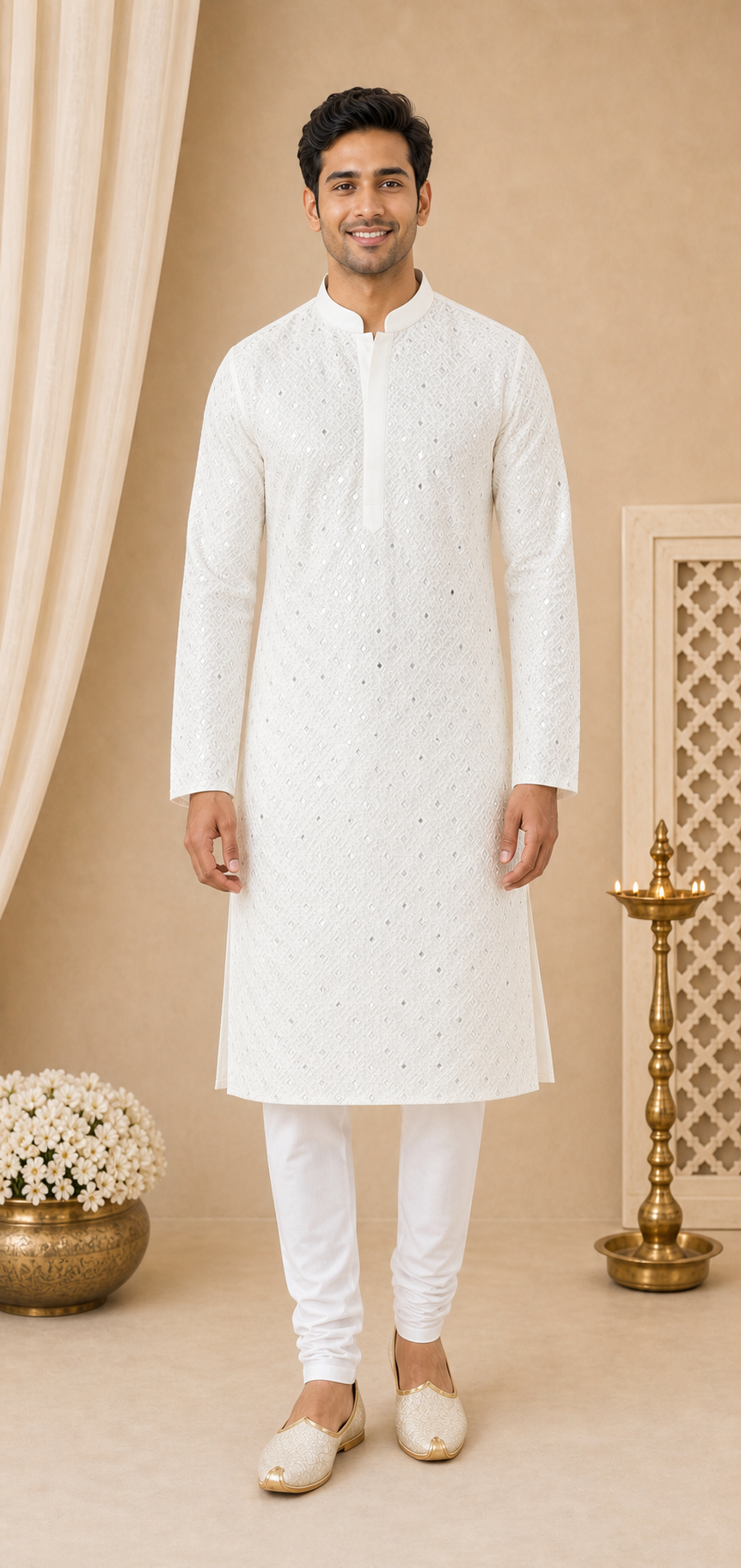 Ivory Lattice Embroidered Kurta Set - Preorder
