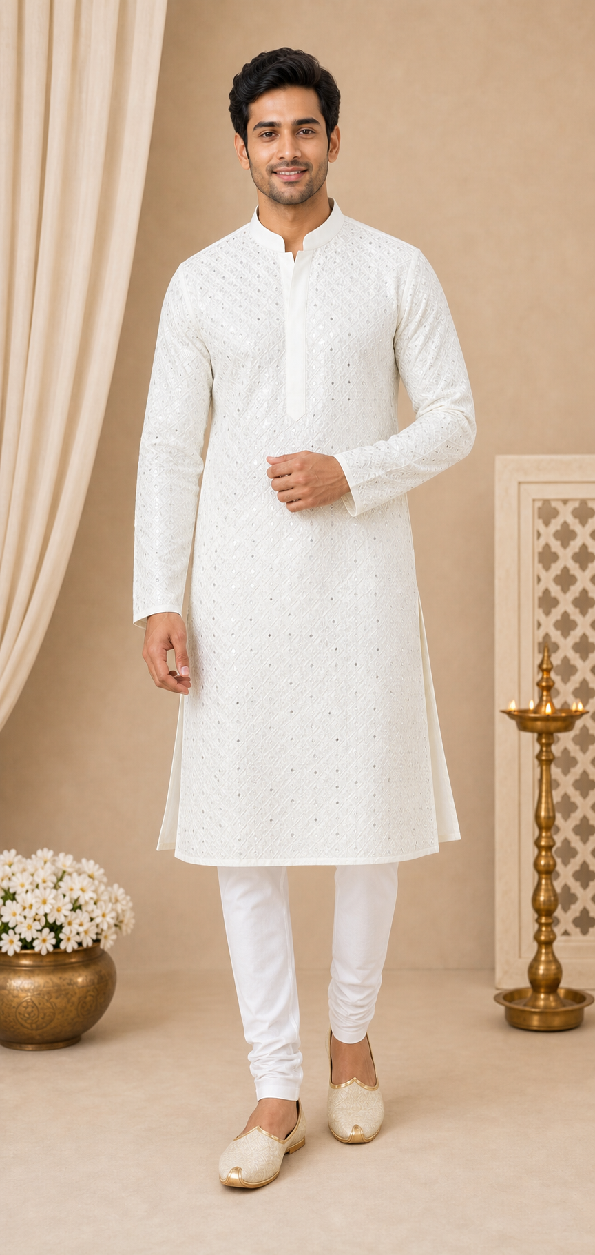Ivory Lattice Embroidered Kurta Set - Preorder