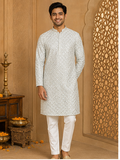 Ivory Silver Embroidered Kurta Set - Preorder - image 1