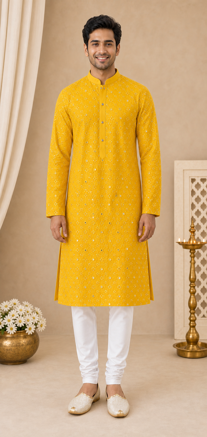 Mustard Festive Mirror Work Kurta Set - Preorder