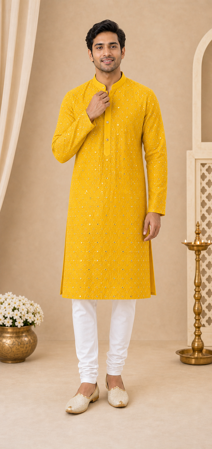 Mustard Festive Mirror Work Kurta Set - Preorder