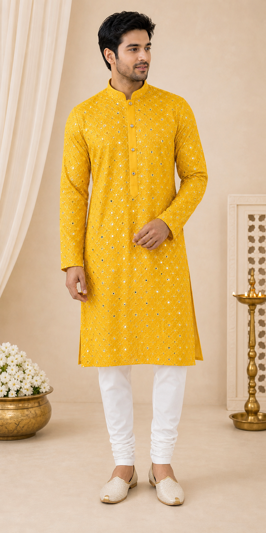 Mustard Festive Mirror Work Kurta Set - Preorder