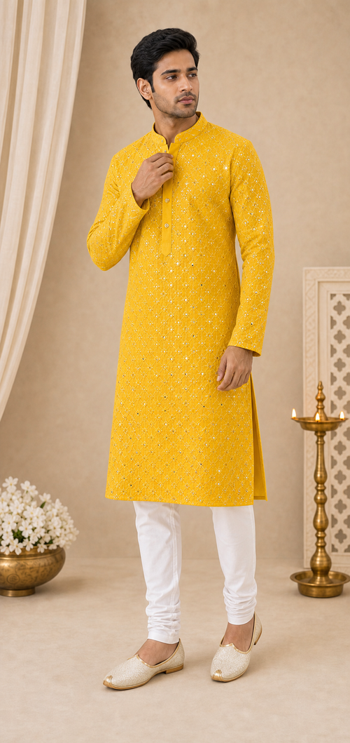 Mustard Festive Mirror Work Kurta Set - Preorder