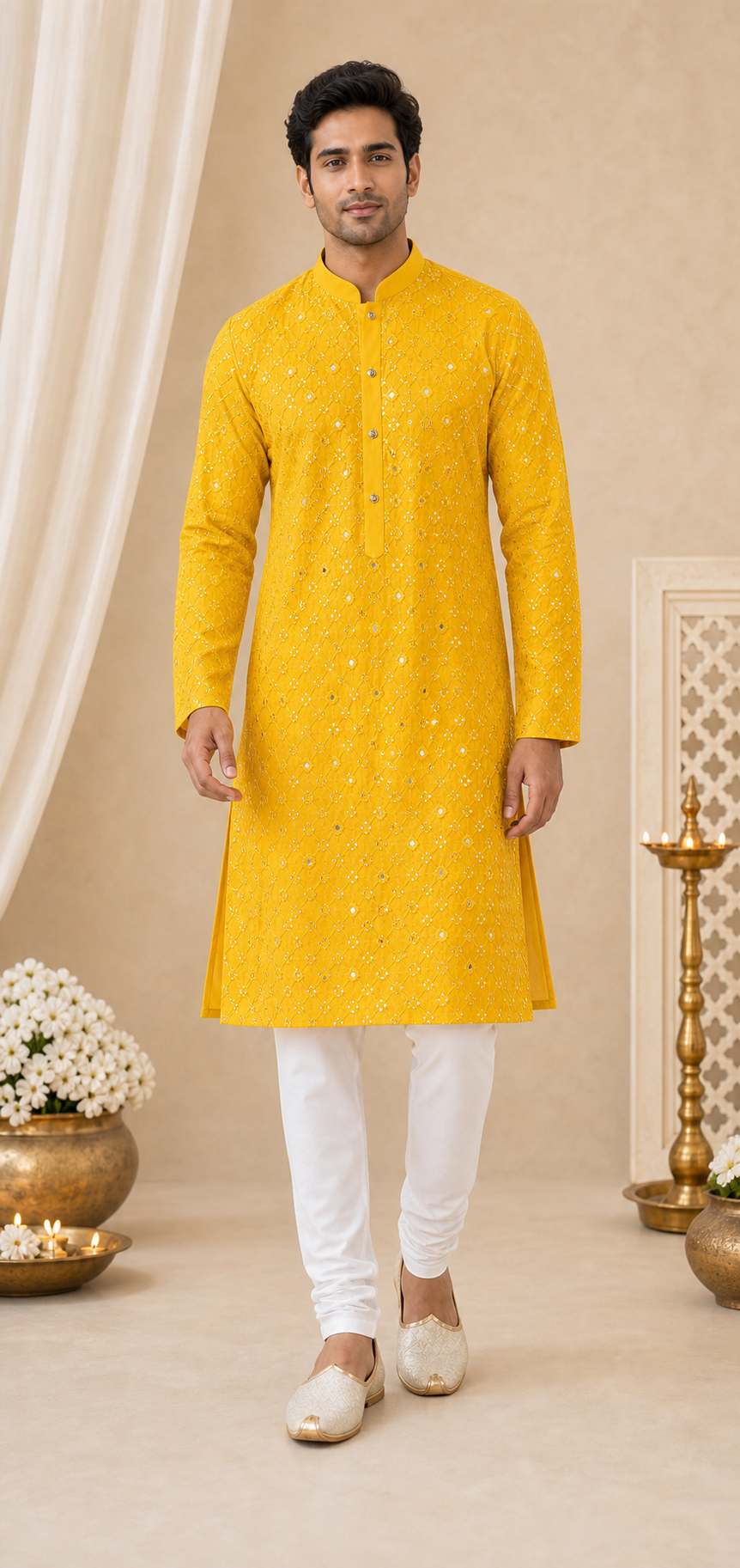 Mustard Festive Mirror Work Kurta Set - Preorder