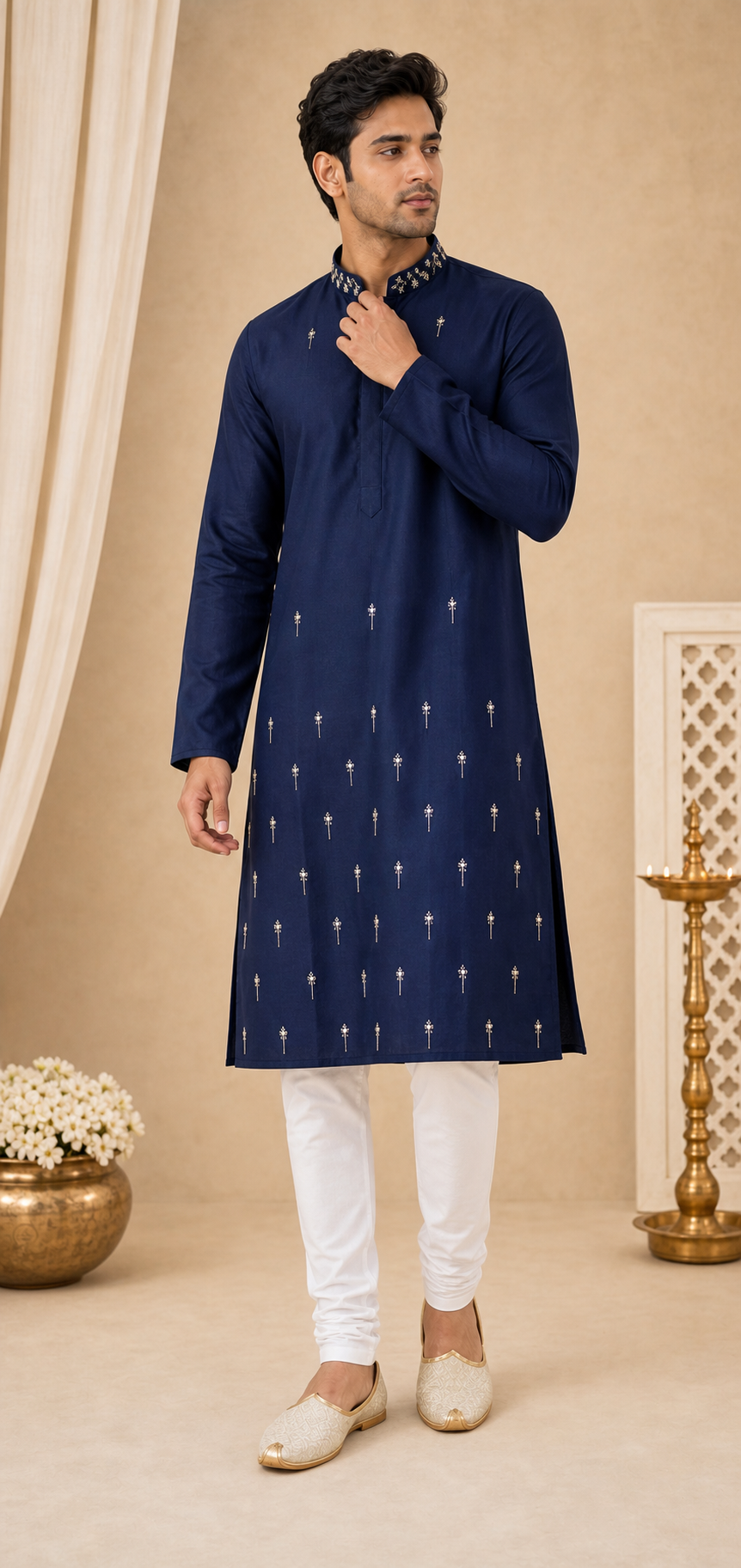 Navy Minimal Motif Kurta Set - Preorder