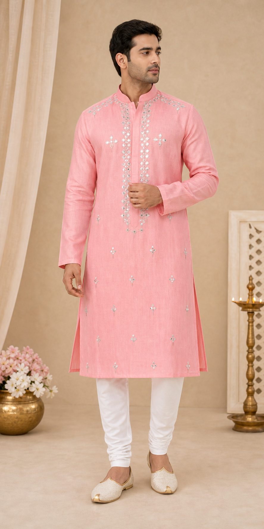 Rose Pink Mirror Work Kurta Set - Preorder