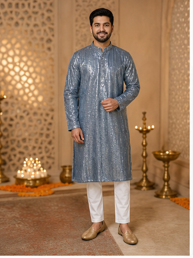 Steel Grey Embroidered Kurta Set - Preorder - image 1