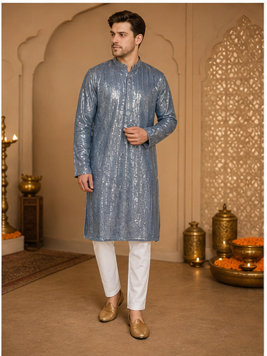 Steel Grey Embroidered Kurta Set - Preorder - image 6