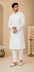Ivory Lattice Embroidered Kurta Set - Preorder