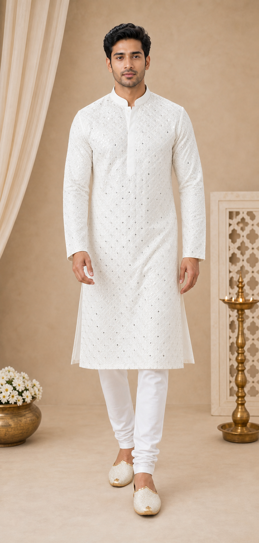 Ivory Lattice Embroidered Kurta Set - Preorder