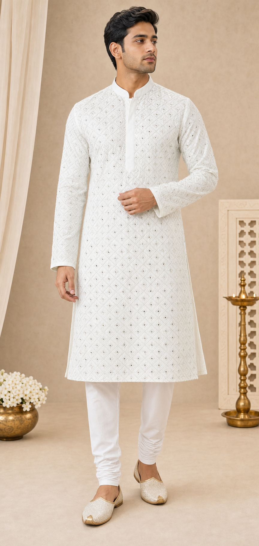 Ivory Lattice Embroidered Kurta Set - Preorder